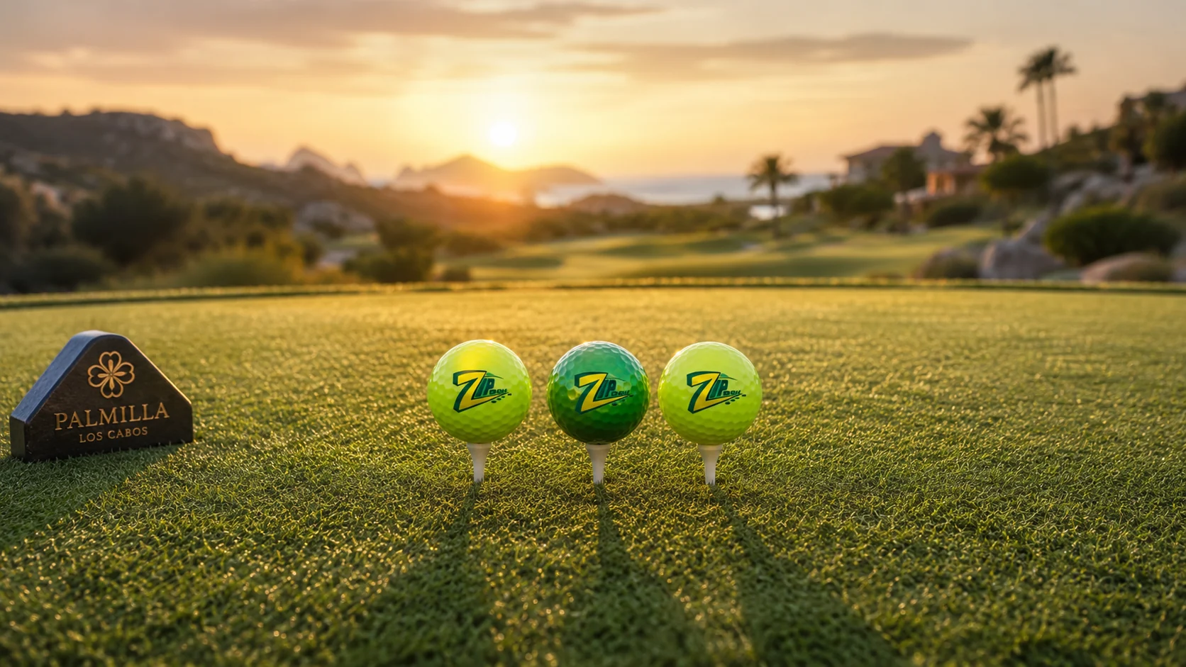 Three ZIPGOLF balls on a dewy tee box at sunrise